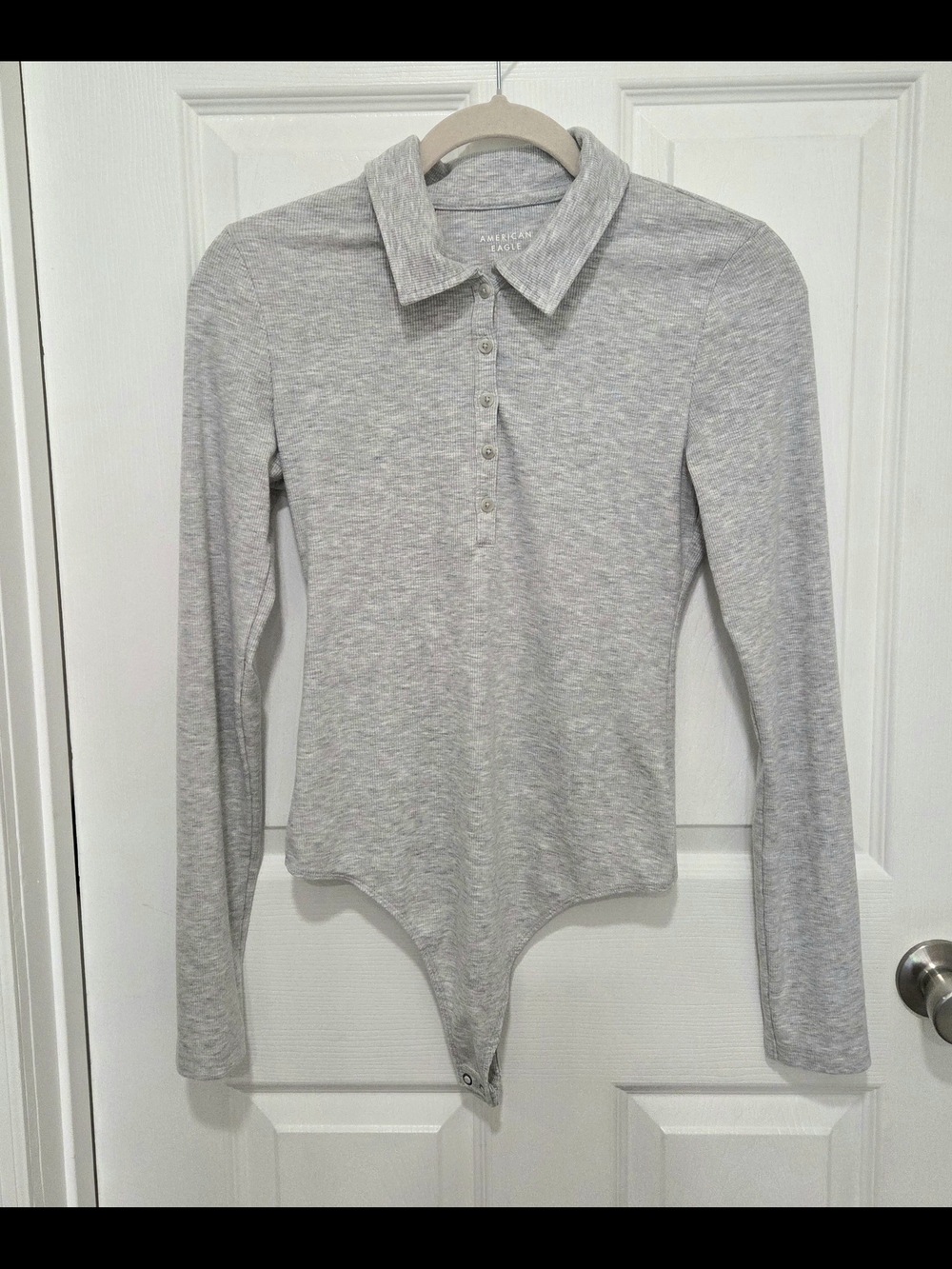 American Eagle Grey Ribbed Polo Bodysuit Button-Up Henley Neckline Women's M.